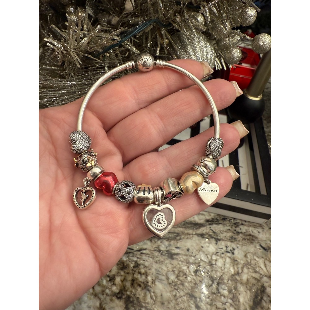 Pandora Bangle Bracelet w 12 Charms 925 ALE Sterling Silver 8 inches Authentic - Picture 9 of 9